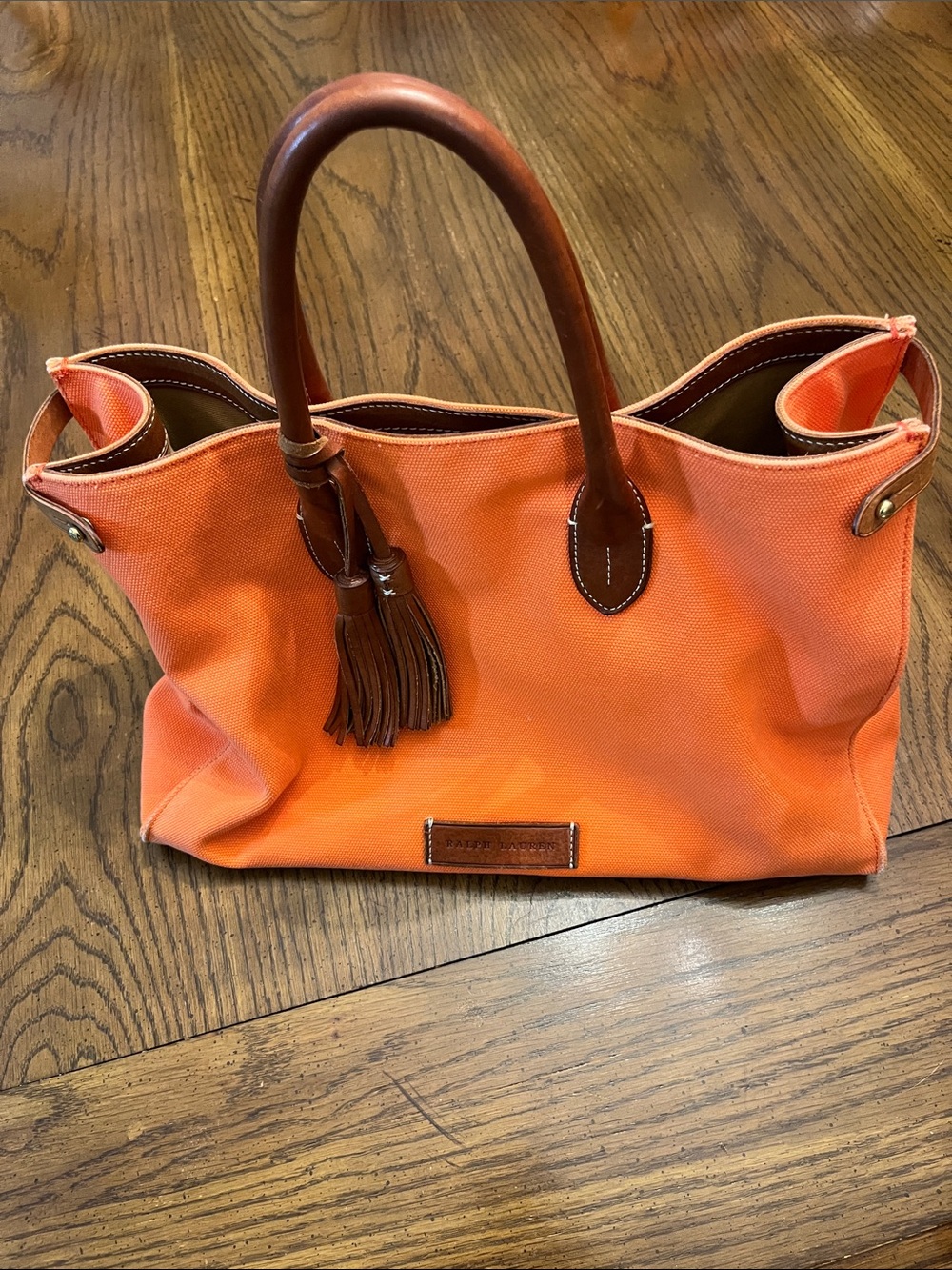 Ralph Lauren Orange Canvas Tote with Brown Leather Handles
